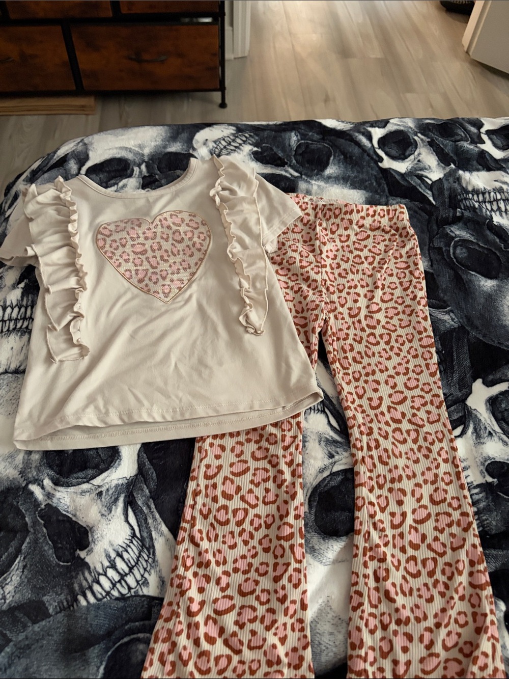 Girls Cream Heart Ruffle Top & Pink Leopard Print Pants Set